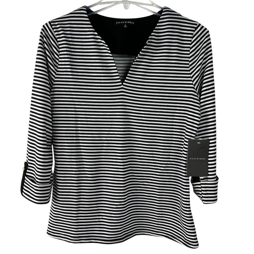 Fifty Street Womens Top Size Small 3/4 Sleeve Knit V Neck Blouse Stripe Black A8
